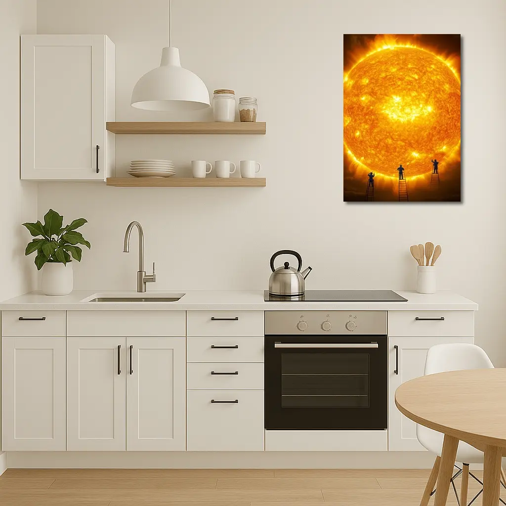 Workers on Ladders Touching Giant Sun – Wall Art
