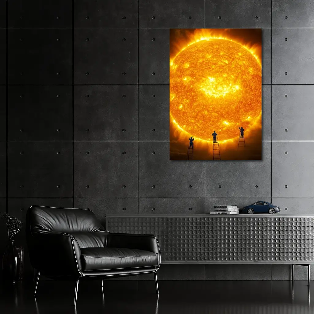 Workers on Ladders Touching Giant Sun – Wall Art