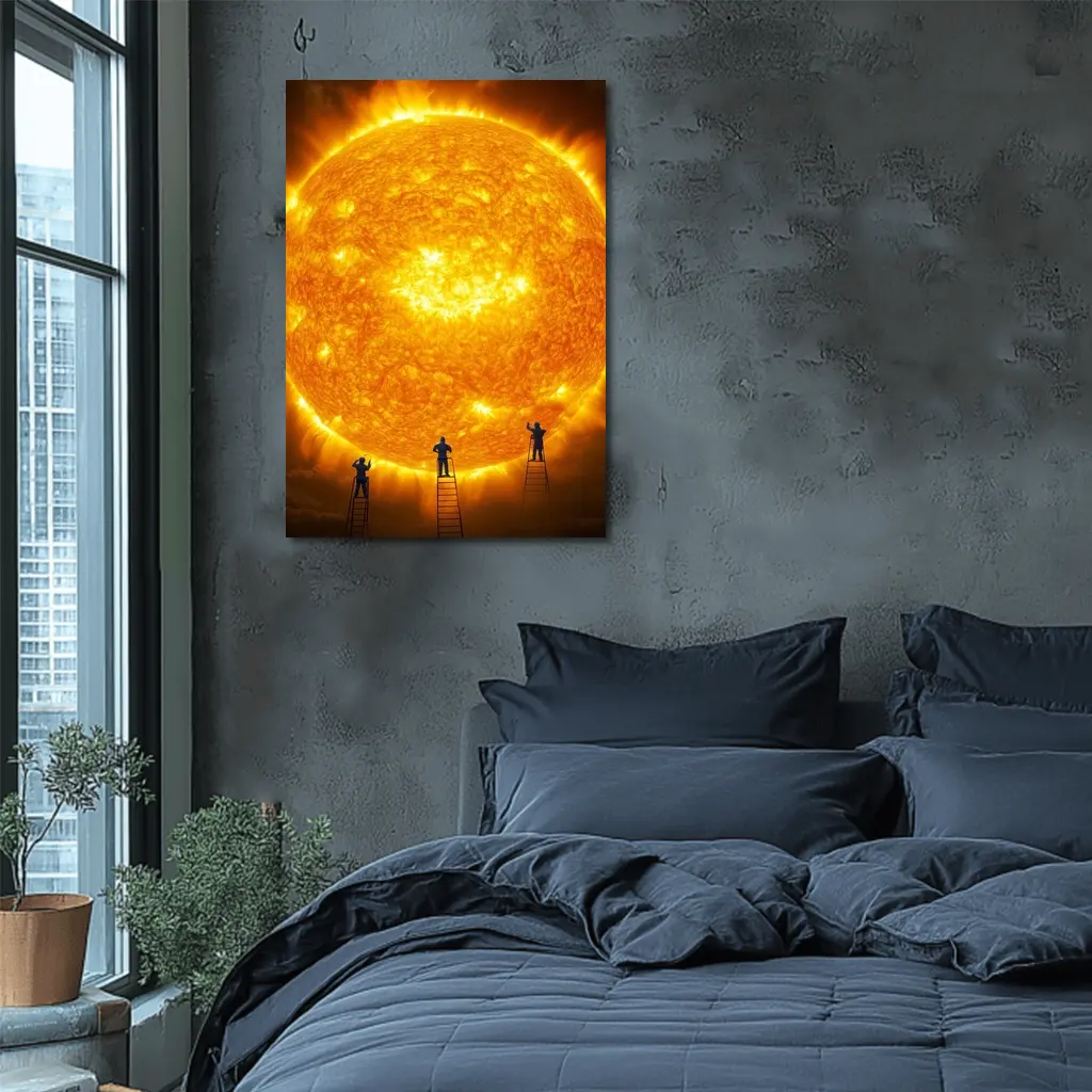 Workers on Ladders Touching Giant Sun – Wall Art