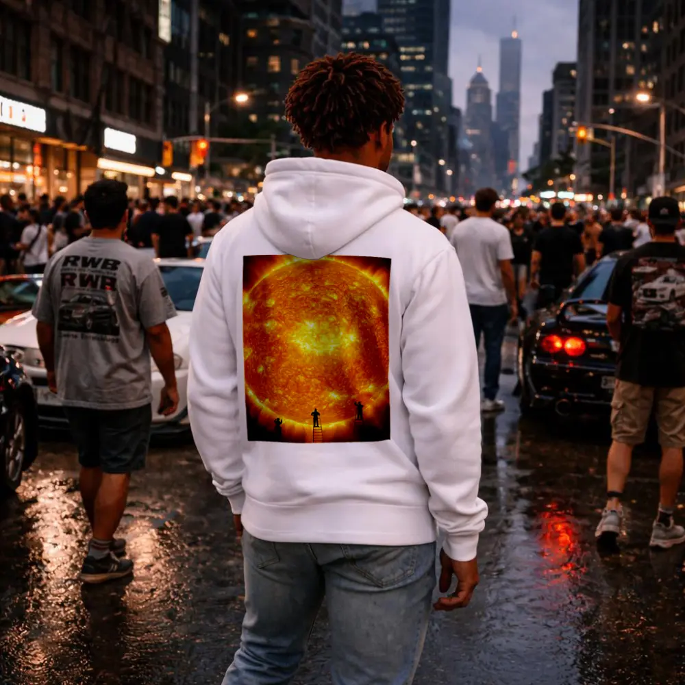 Workers on Ladders Touching Giant Sun – Hoodies