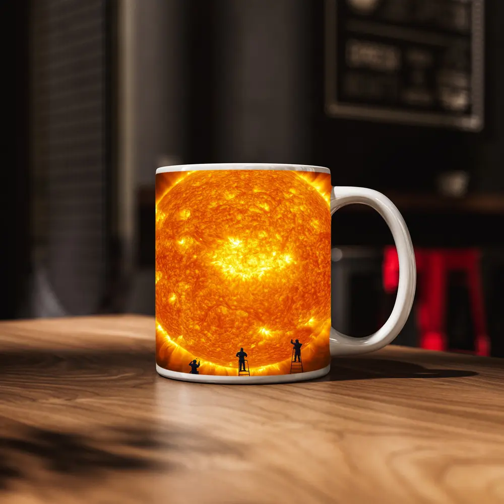 Workers on Ladders Touching Giant Sun – Mugs