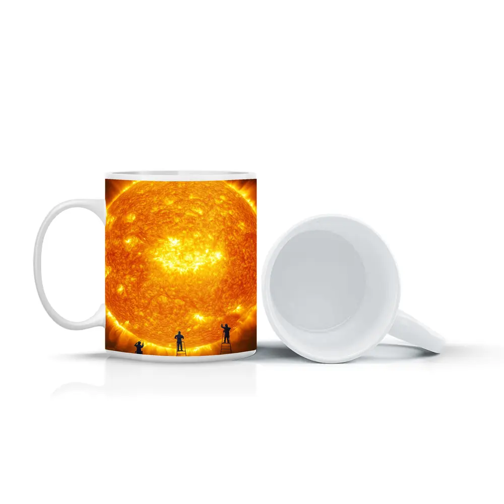 Workers on Ladders Touching Giant Sun – Mugs