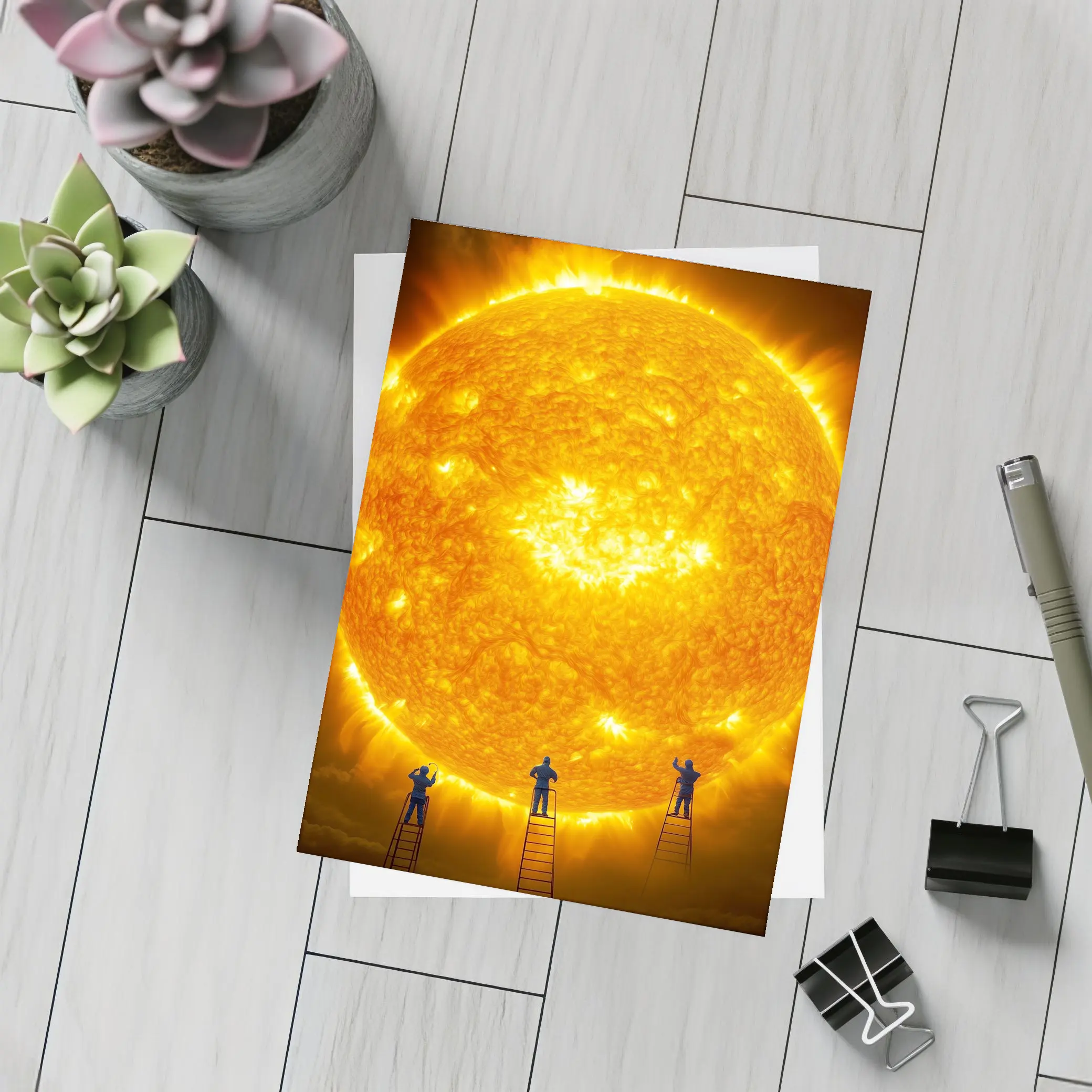 Workers on Ladders Touching Giant Sun – Postcards