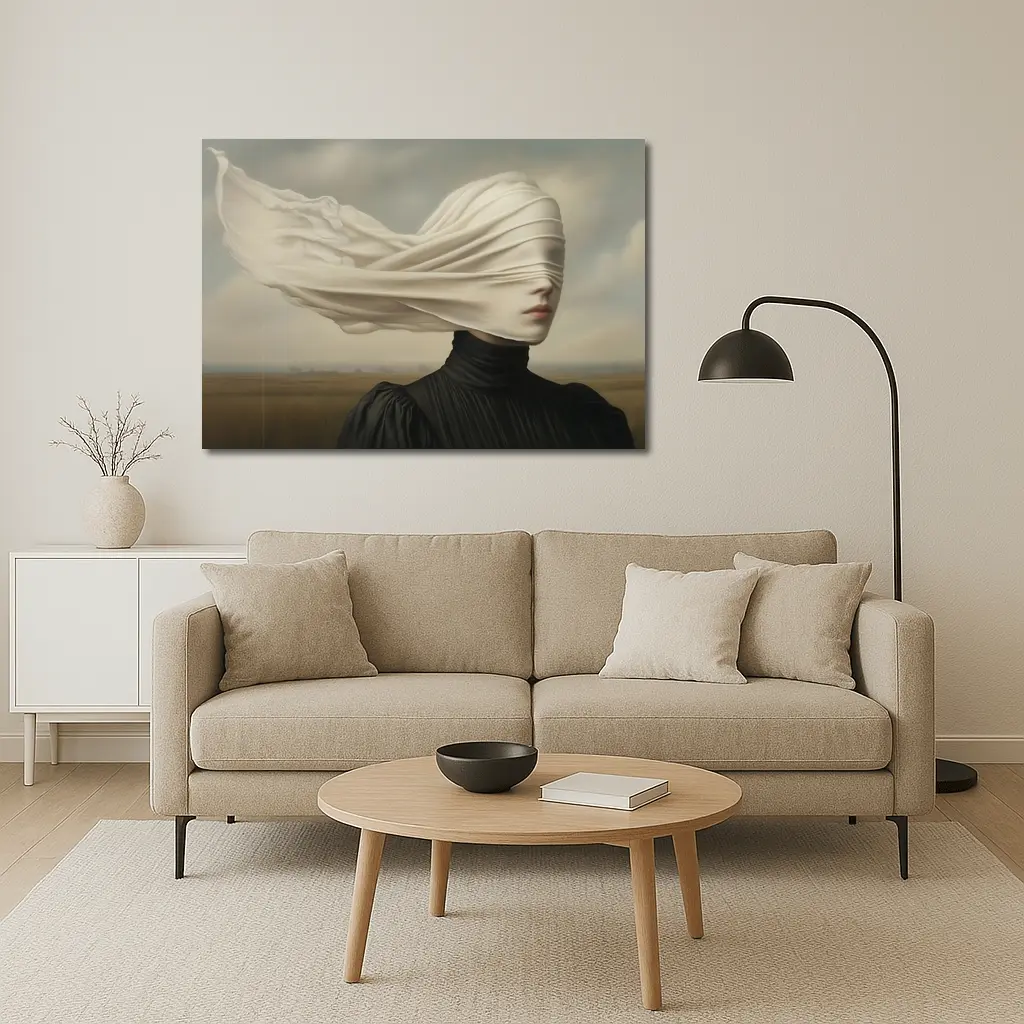 Surreal Woman White Veil Wind Field – Wall Art