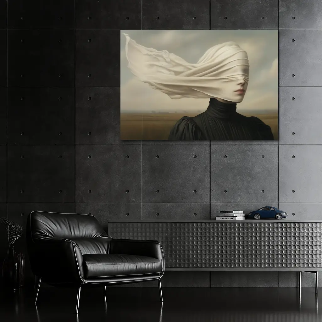 Surreal Woman White Veil Wind Field – Wall Art