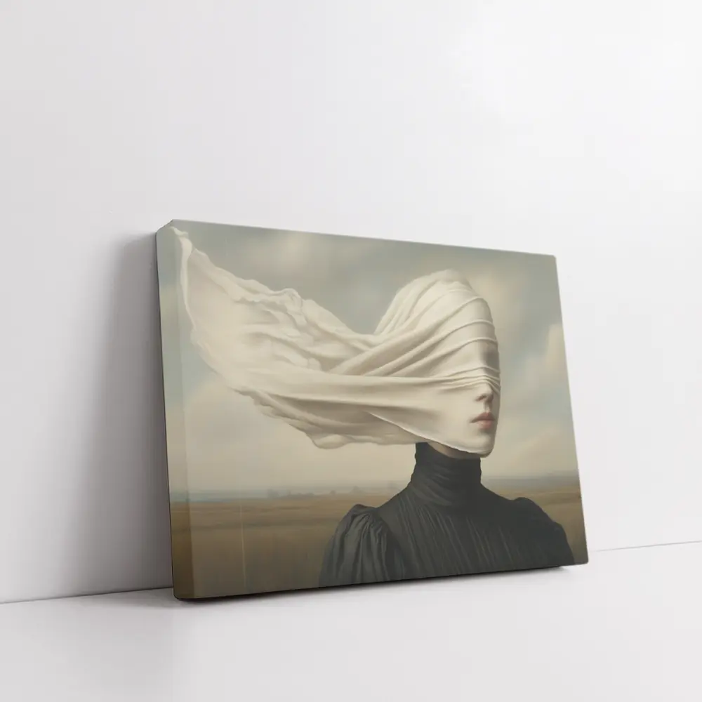 Surreal Woman White Veil Wind Field – Wall Art