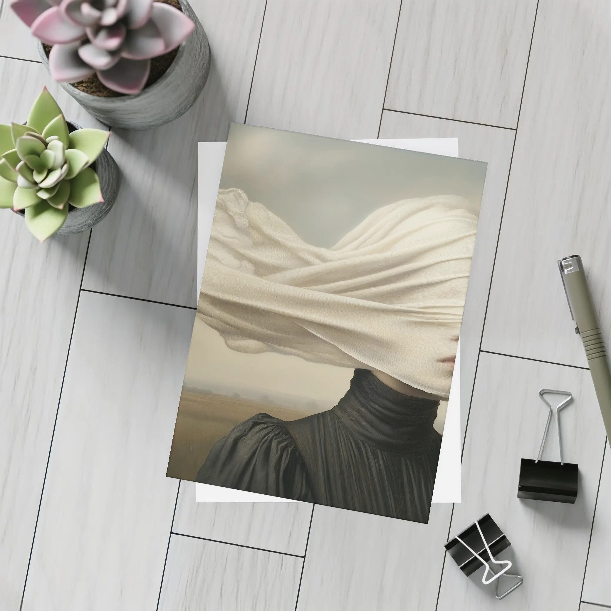 Surreal Woman White Veil Wind Field – Postcards
