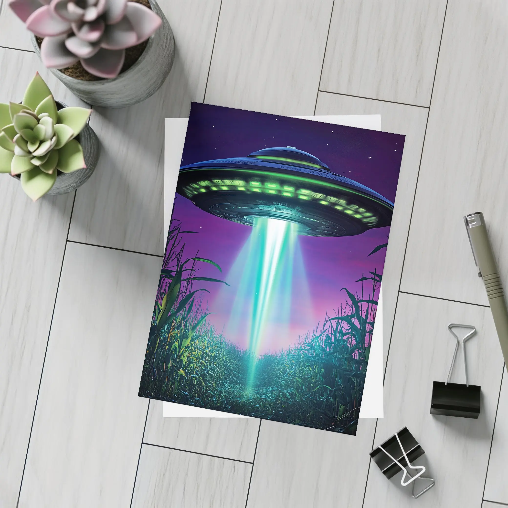 UFO Beam Over Night Cornfield Art – Postcards
