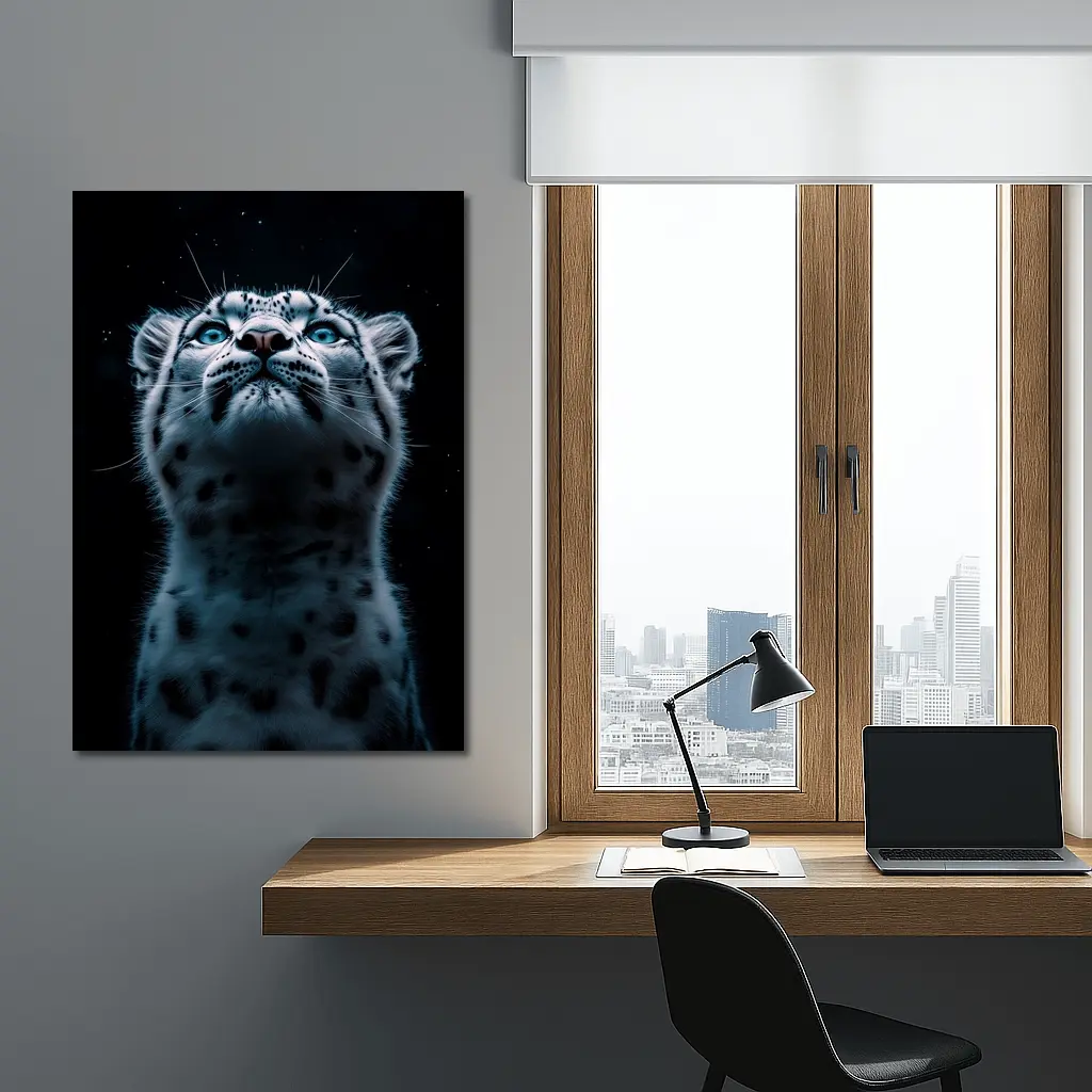 Snow Leopard Blue Eyes Dark Night Sky – Wall Art