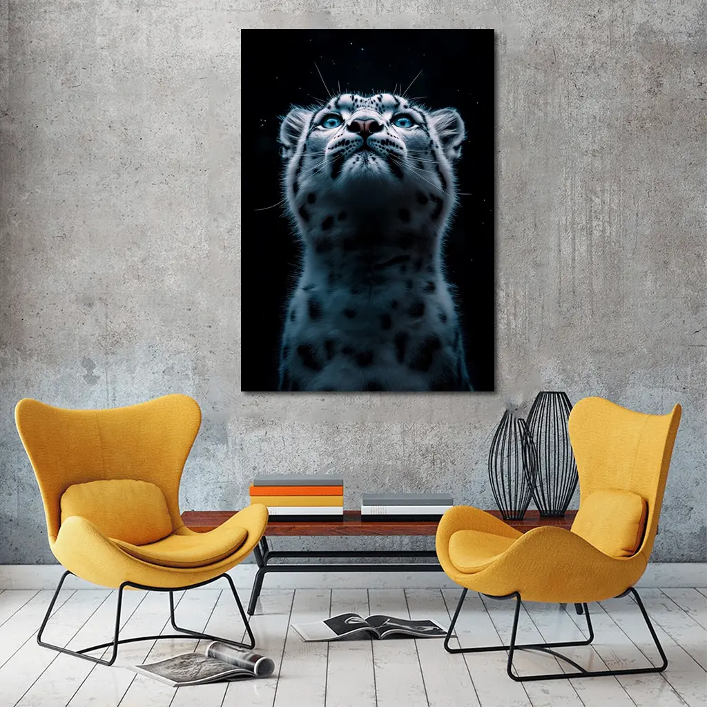 Snow Leopard Blue Eyes Dark Night Sky – Wall Art