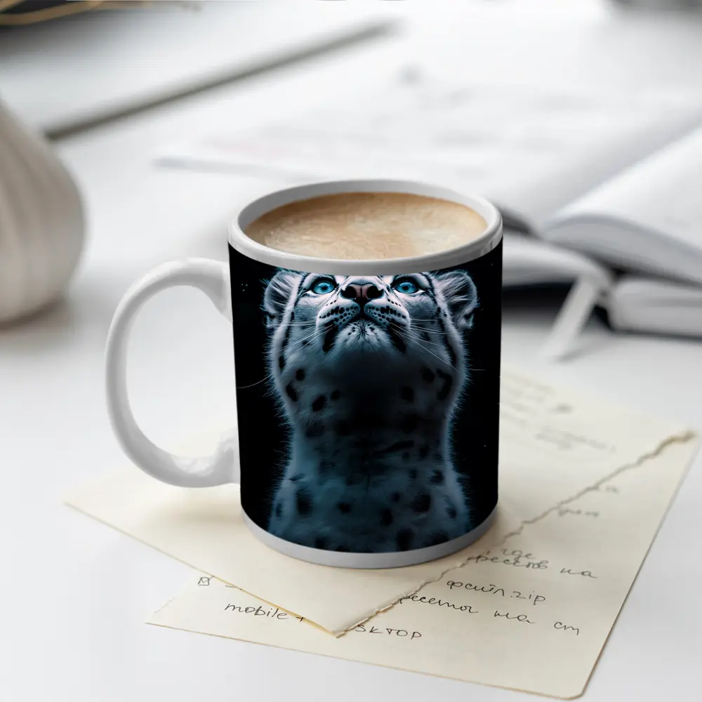 Snow Leopard Blue Eyes Dark Night Sky – Mugs
