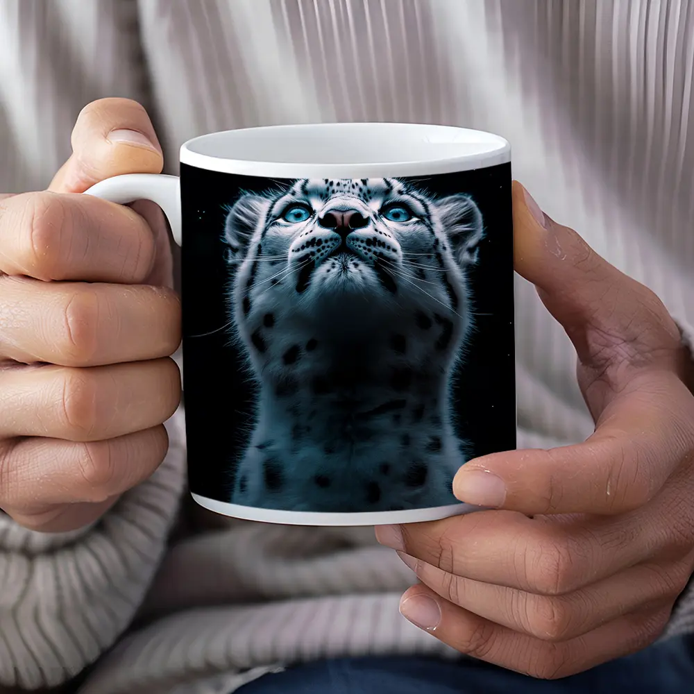 Snow Leopard Blue Eyes Dark Night Sky – Mugs