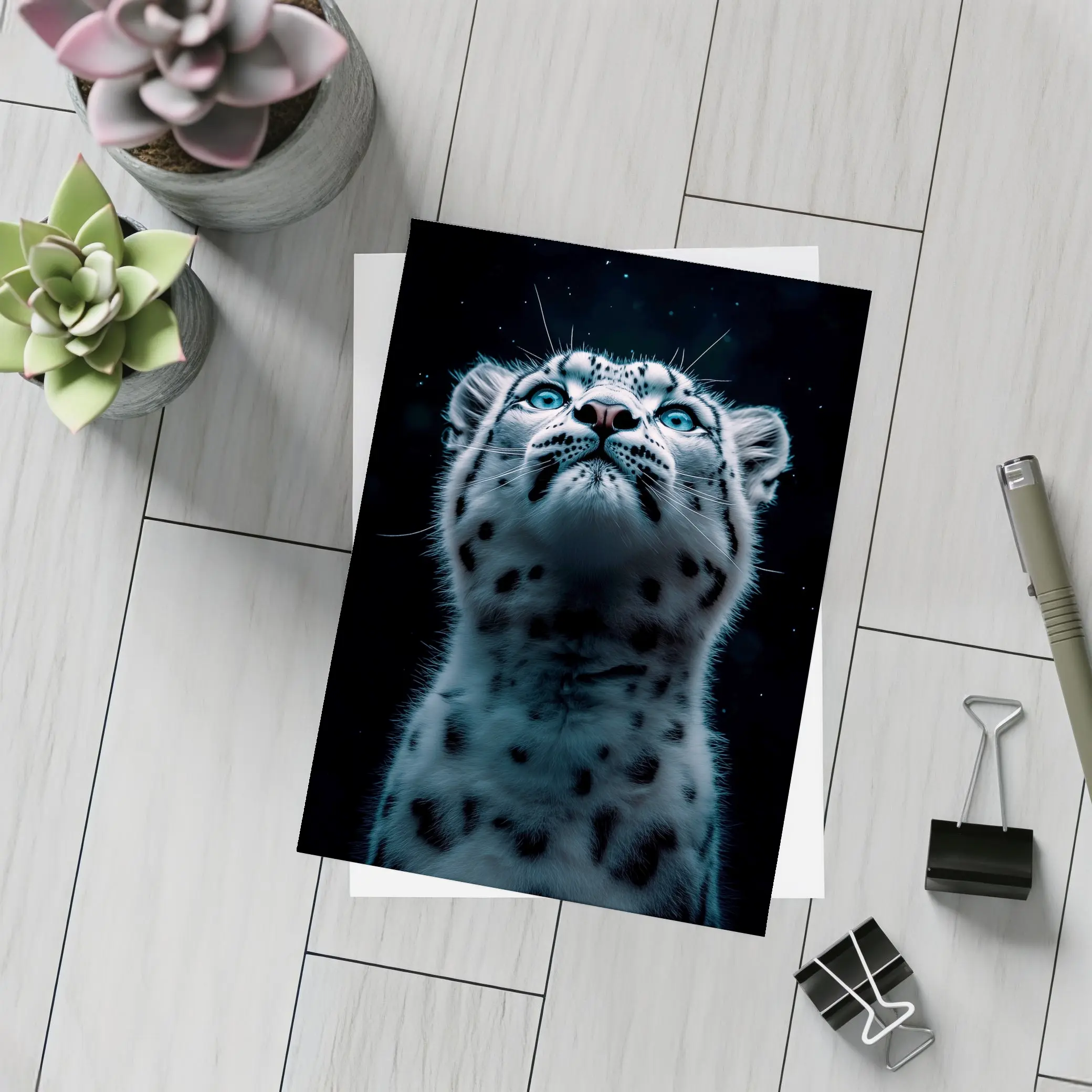 Snow Leopard Blue Eyes Dark Night Sky – Postcards