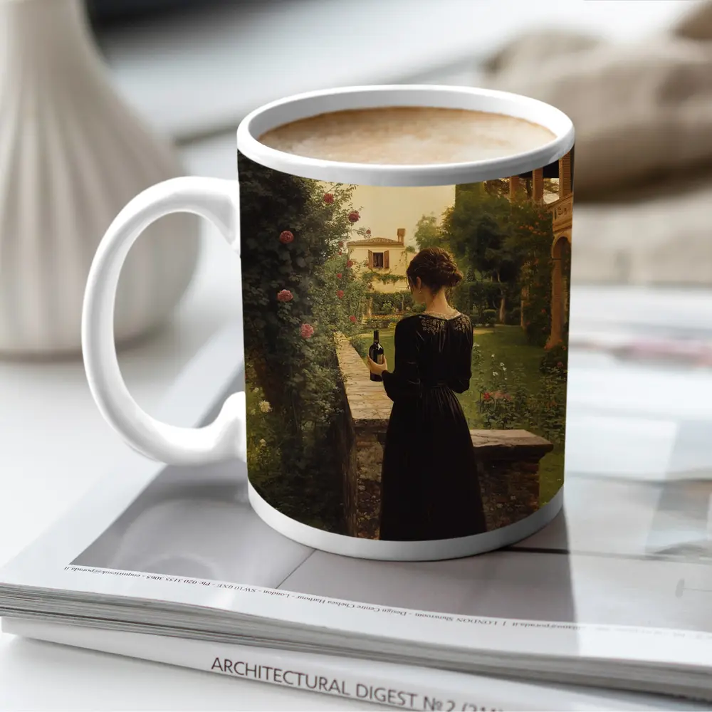 Woman in Black Dress Italian Villa Garden – Mugs