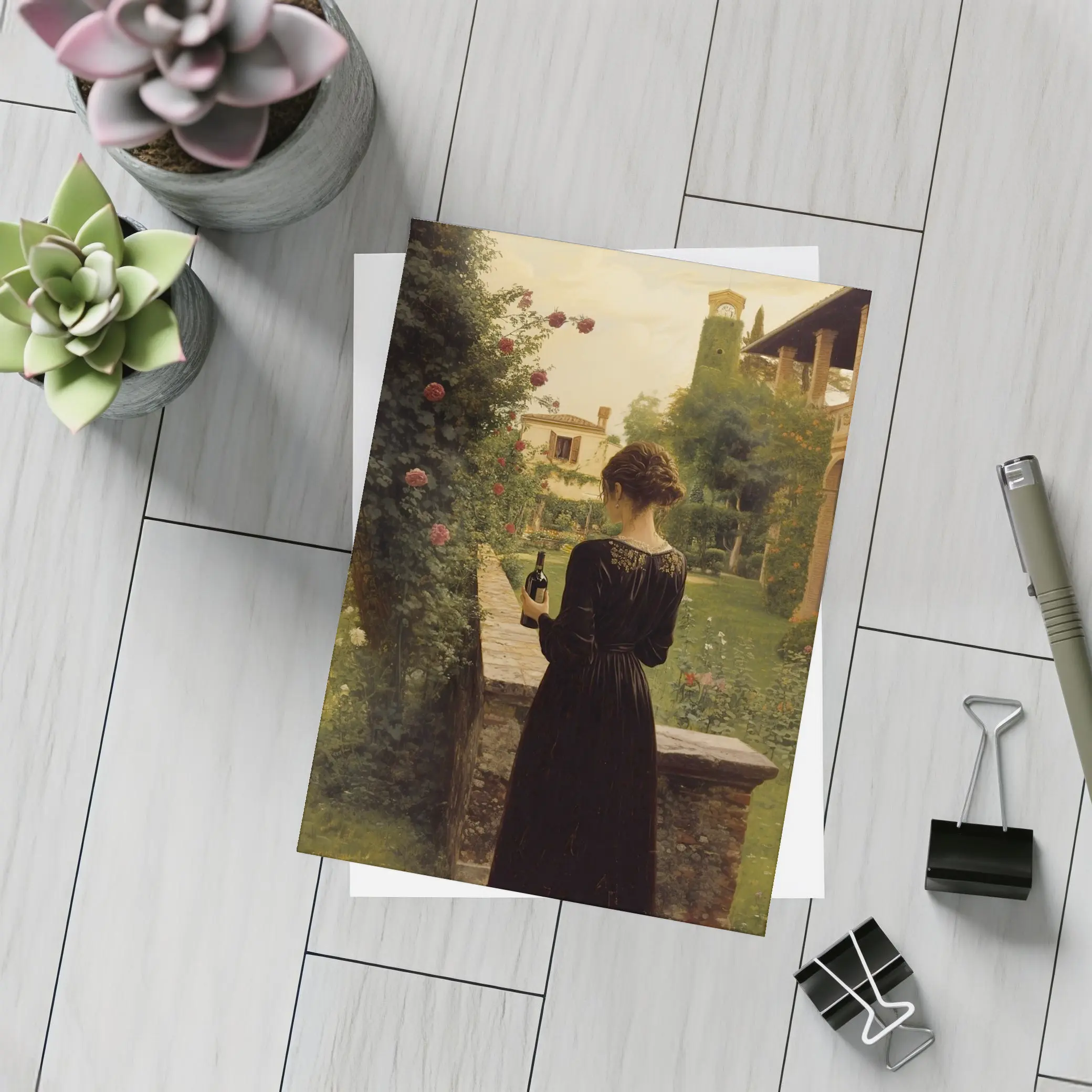 Woman in Black Dress Italian Villa Garden – Postcards