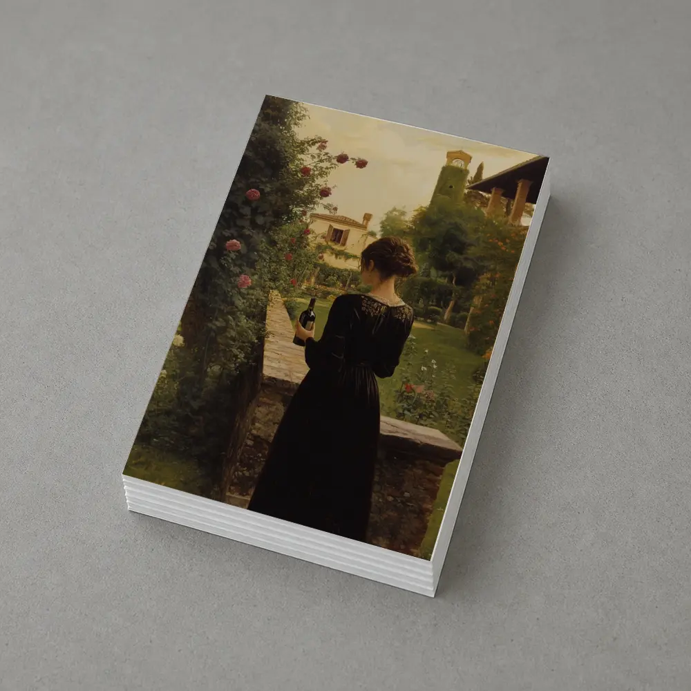Woman in Black Dress Italian Villa Garden – Postcards