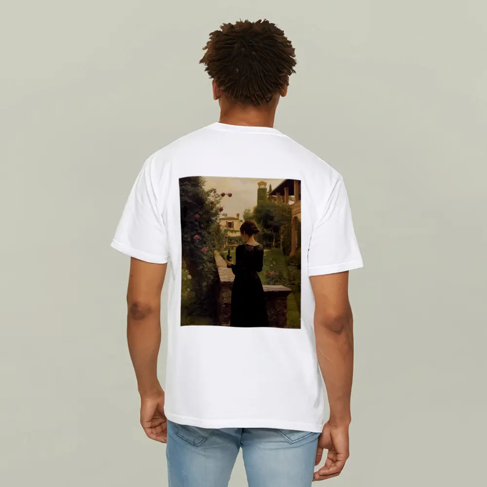 Woman in Black Dress Italian Villa Garden – T-Shirts