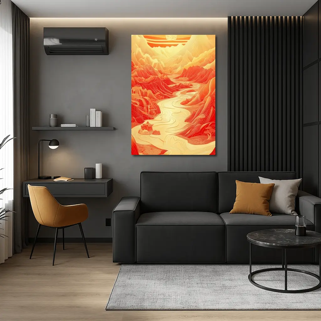 Red Mountain River Valley Chinese Art – Wall Art