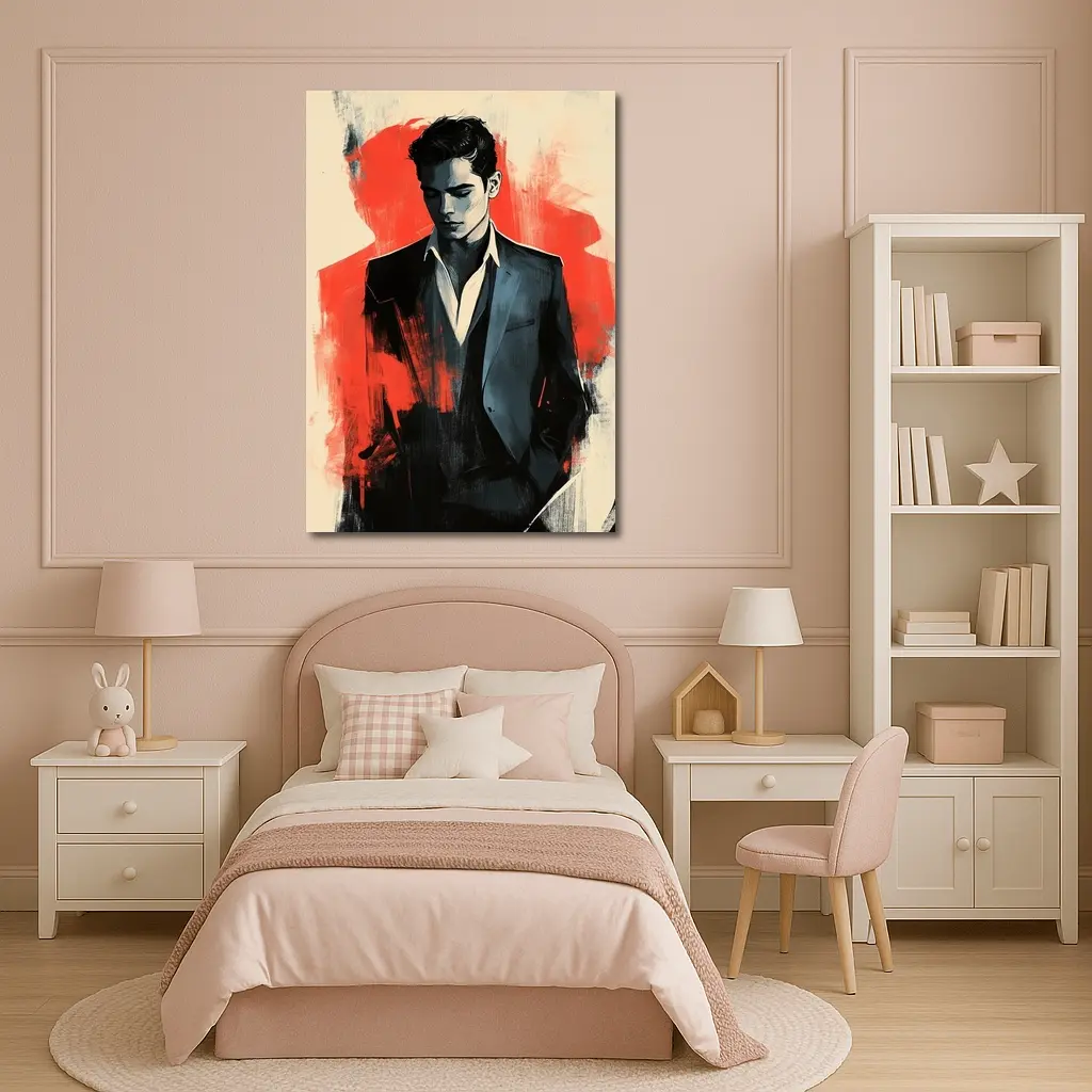 Stylish Man in Suit Red Abstract Background – Wall Art