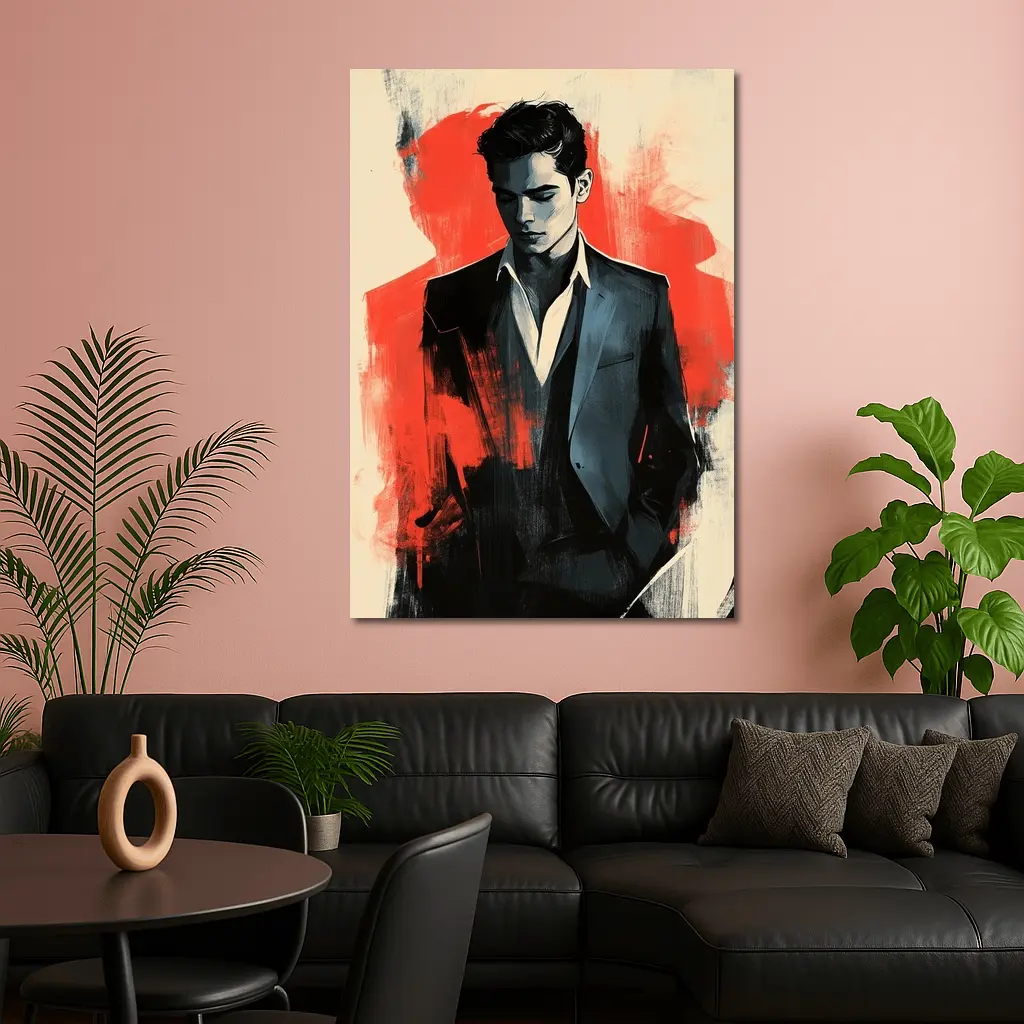 Stylish Man in Suit Red Abstract Background – Wall Art