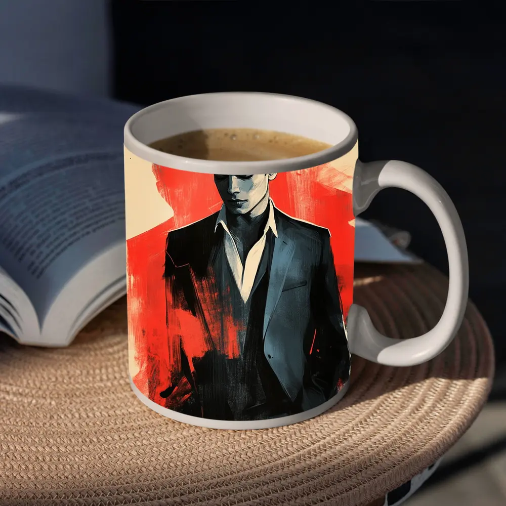 Stylish Man in Suit Red Abstract Background – Mugs