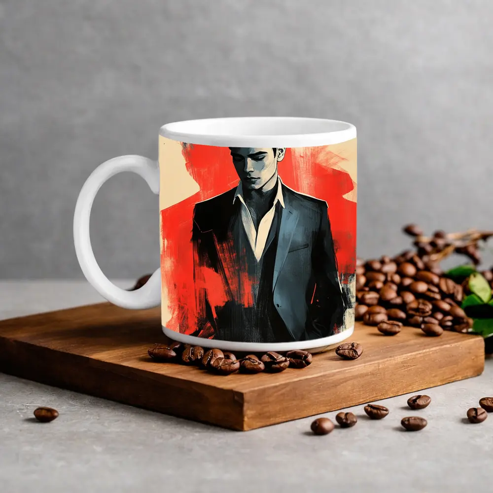 Stylish Man in Suit Red Abstract Background – Mugs