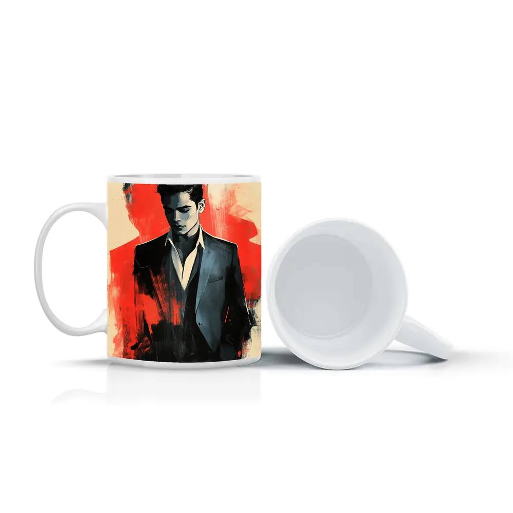 Stylish Man in Suit Red Abstract Background – Mugs