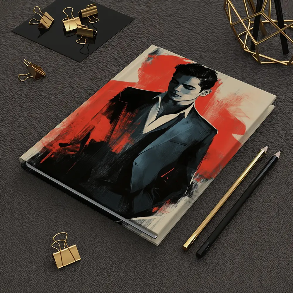 Stylish Man in Suit Red Abstract Background – Notebooks