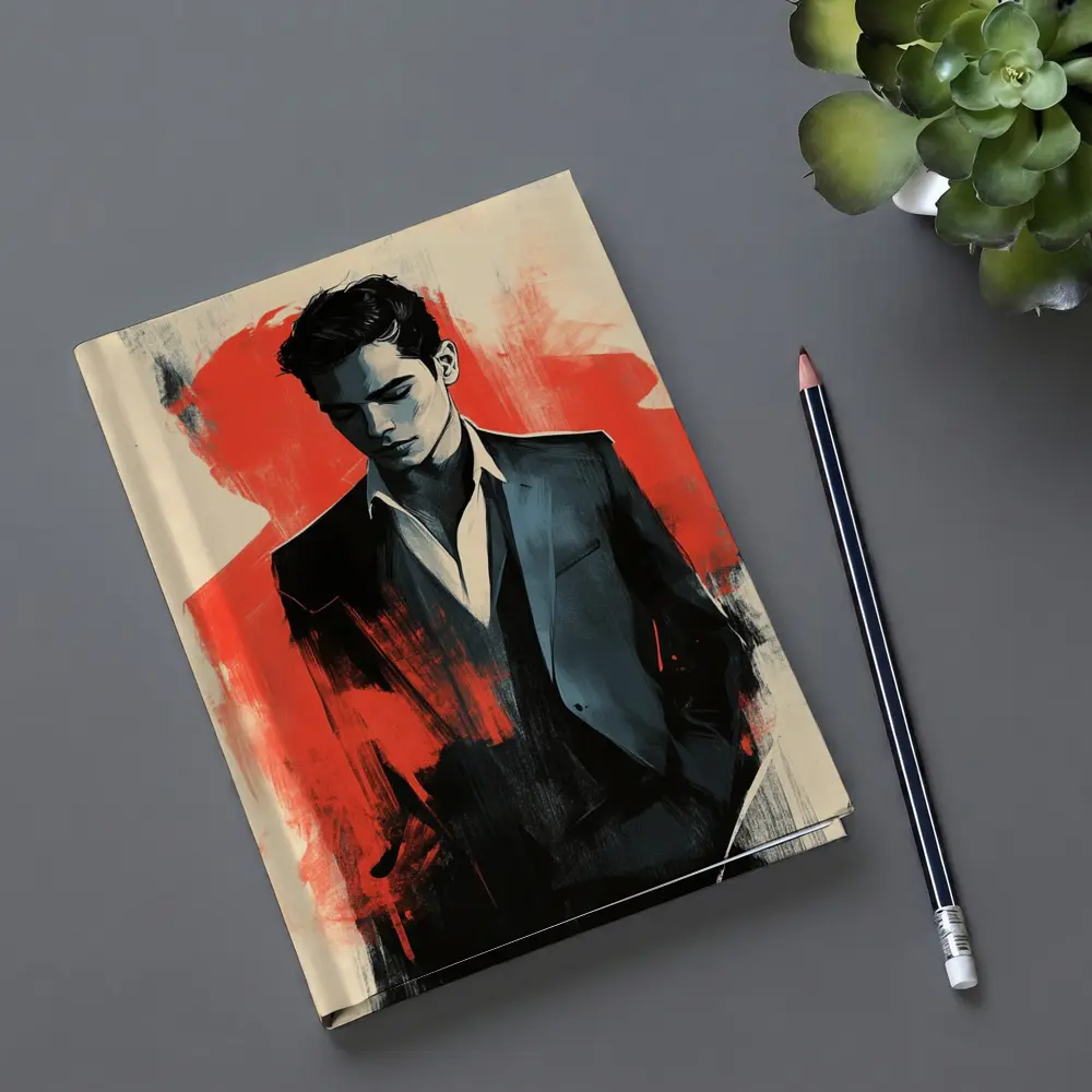 Stylish Man in Suit Red Abstract Background – Notebooks