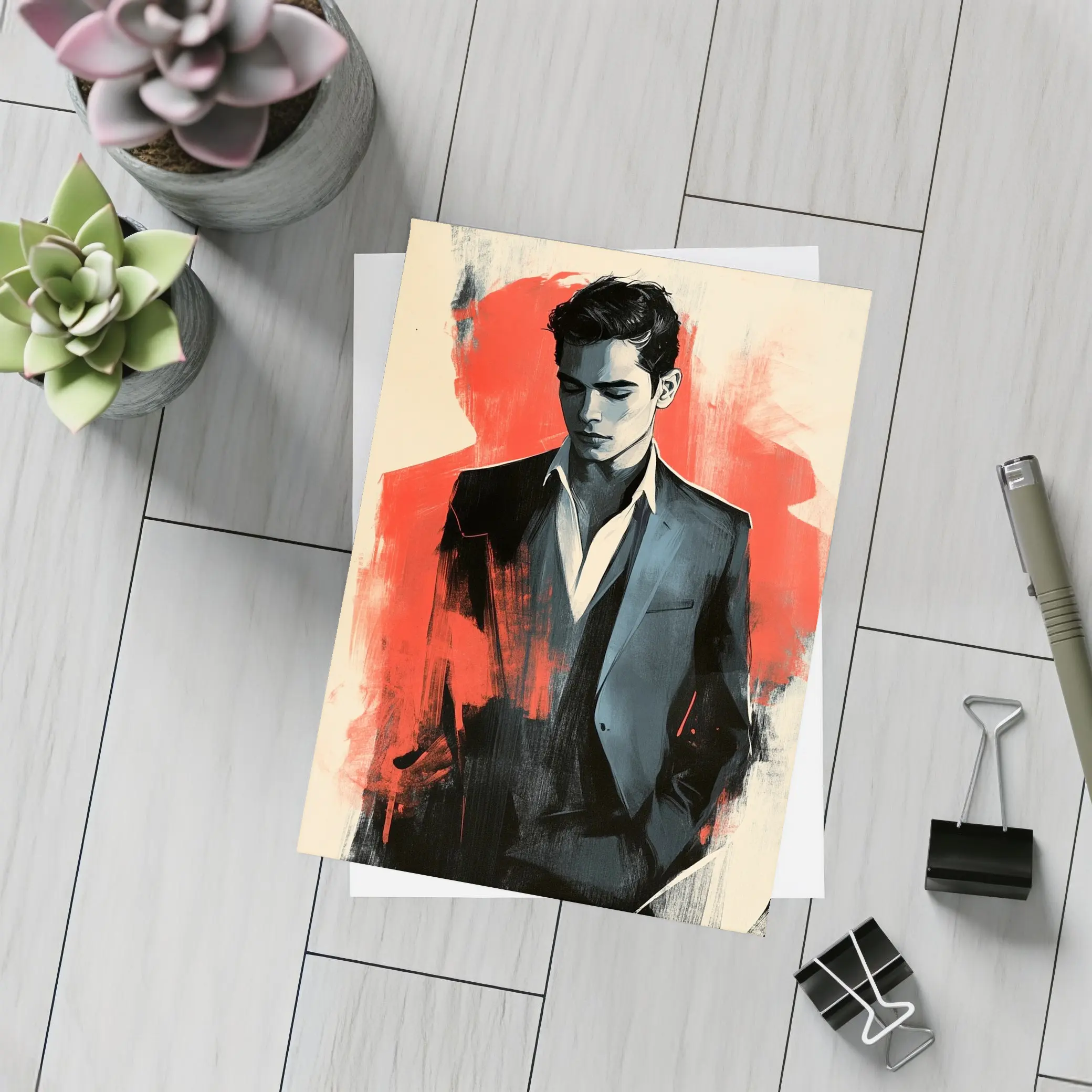 Stylish Man in Suit Red Abstract Background – Postcards