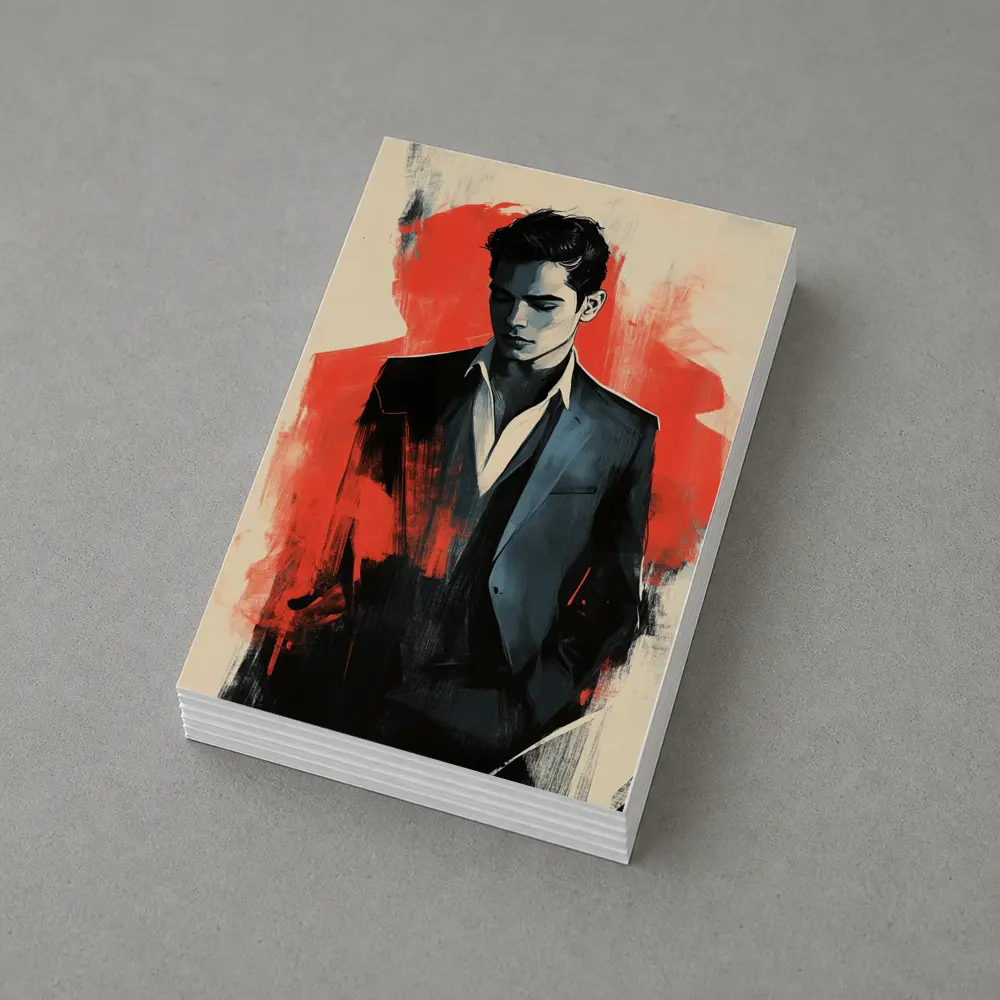 Stylish Man in Suit Red Abstract Background – Postcards