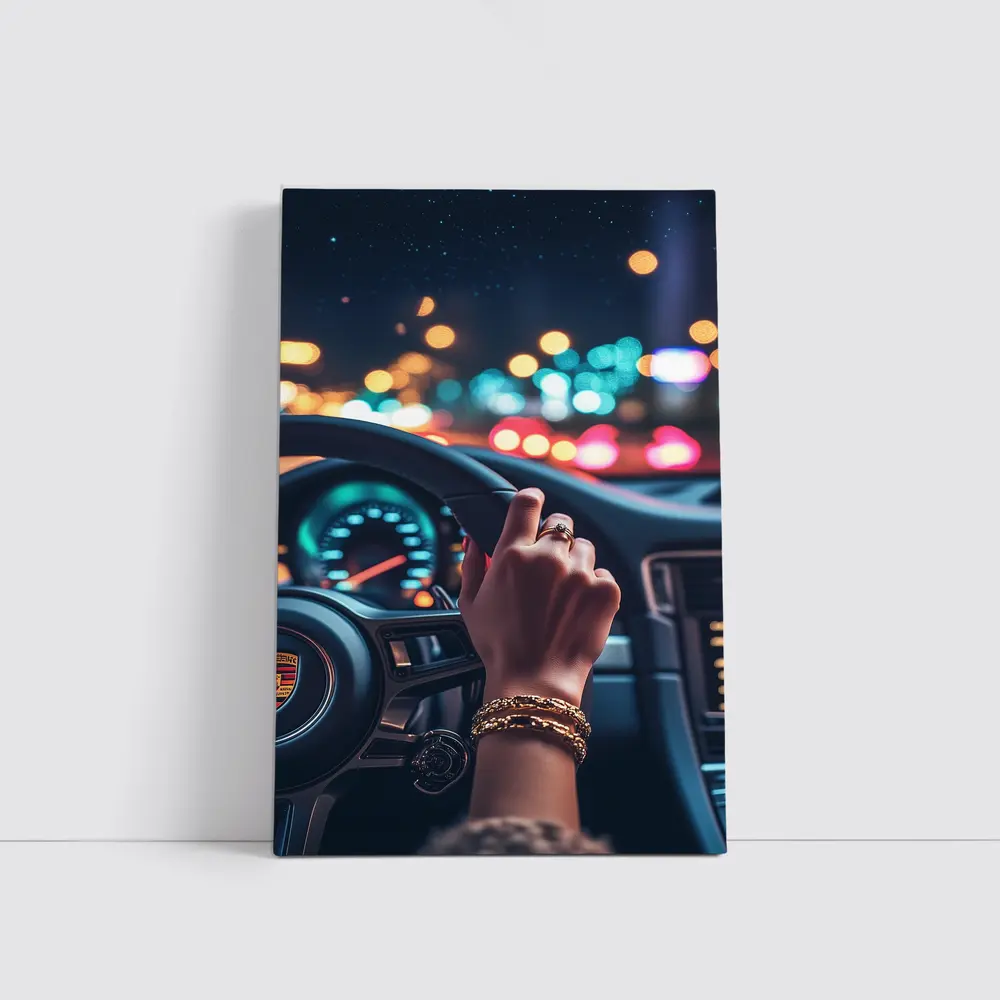 Woman Driving Porsche At Night City – Wall Art