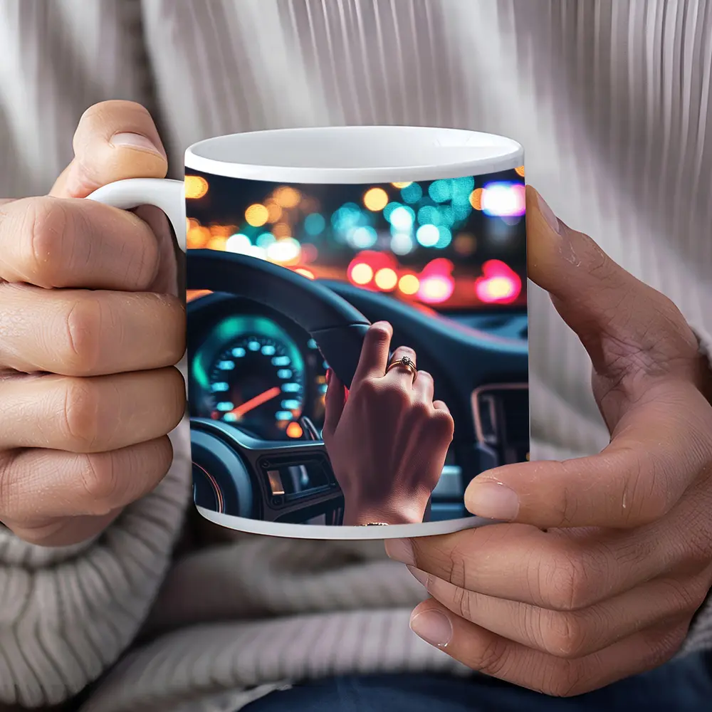 Woman Driving Porsche At Night City – Mugs