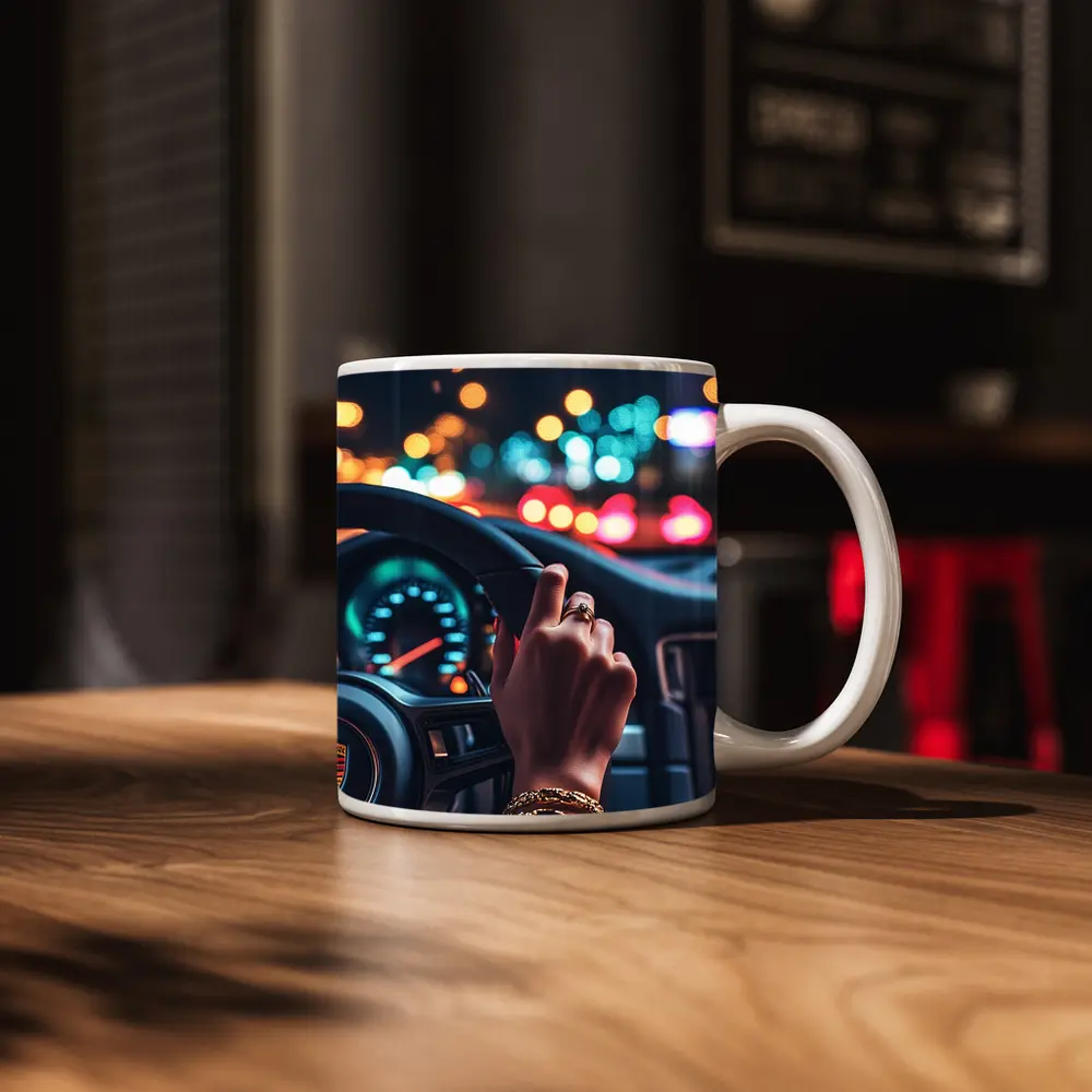 Woman Driving Porsche At Night City – Mugs