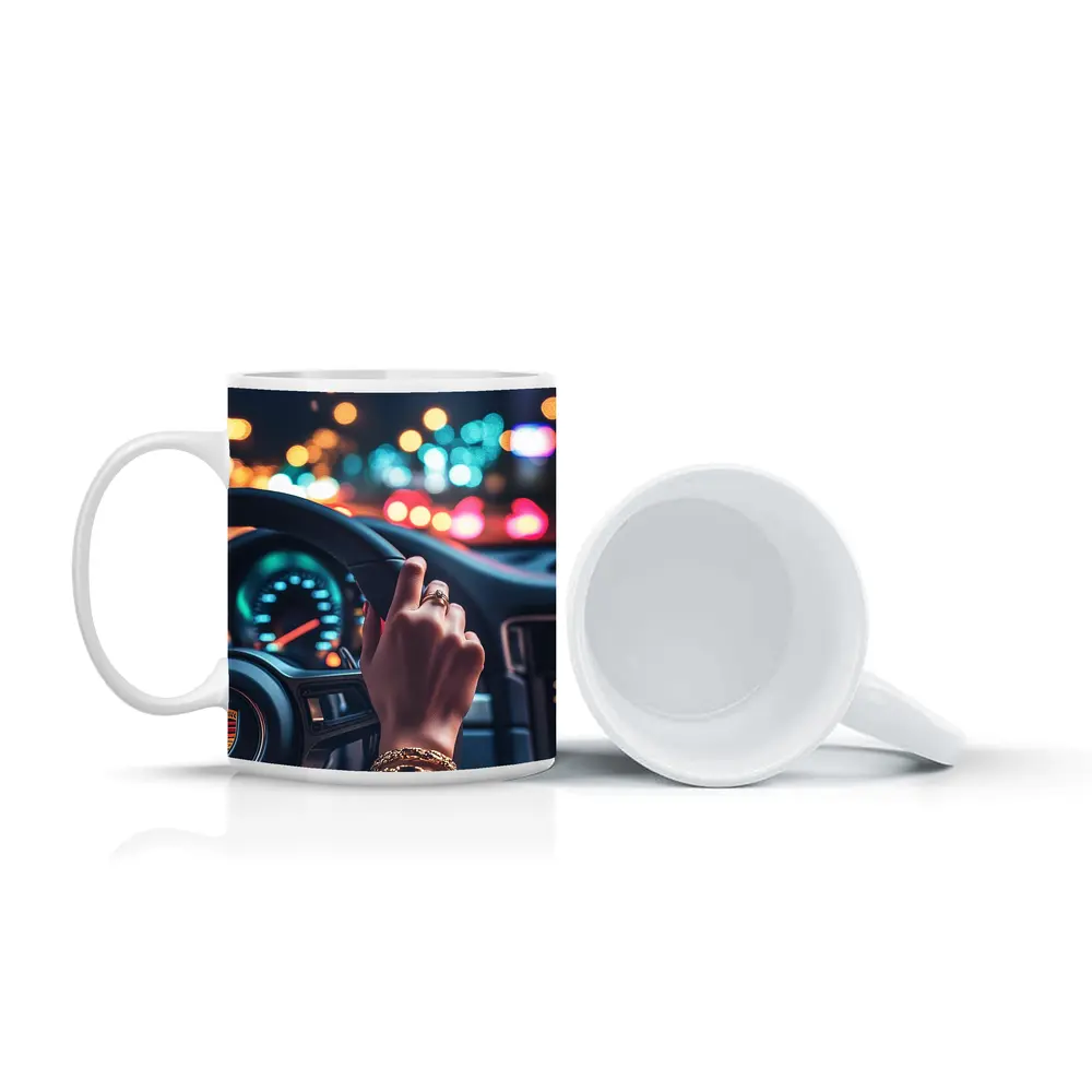 Woman Driving Porsche At Night City – Mugs