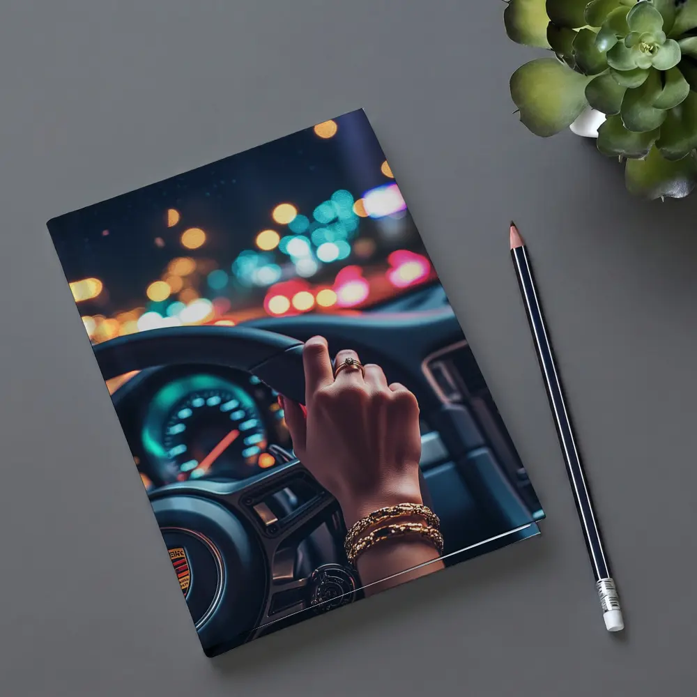 Woman Driving Porsche At Night City – Notebooks