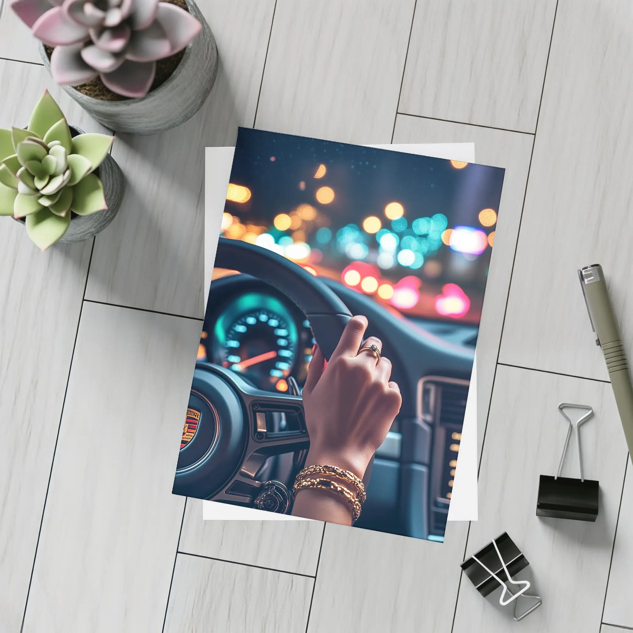 Woman Driving Porsche At Night City – Postcards