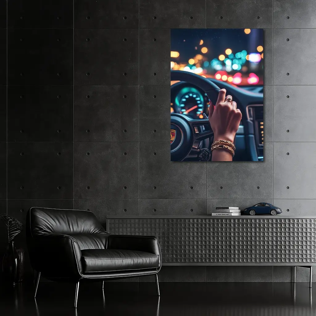 Woman Driving Porsche At Night City – Wall Art