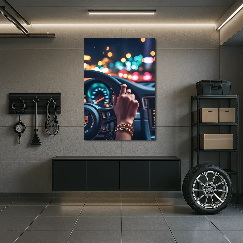 Woman Driving Porsche At Night City – Wall Art