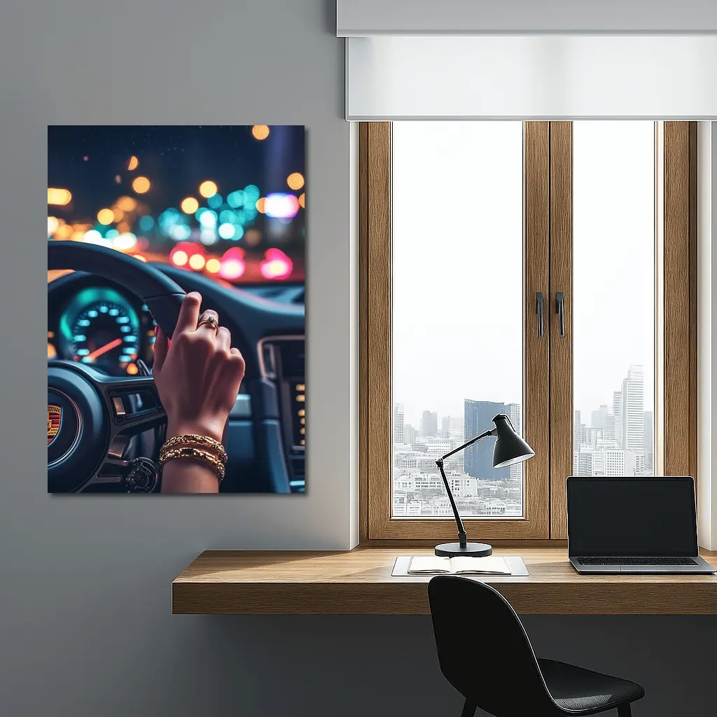 Woman Driving Porsche At Night City – Wall Art