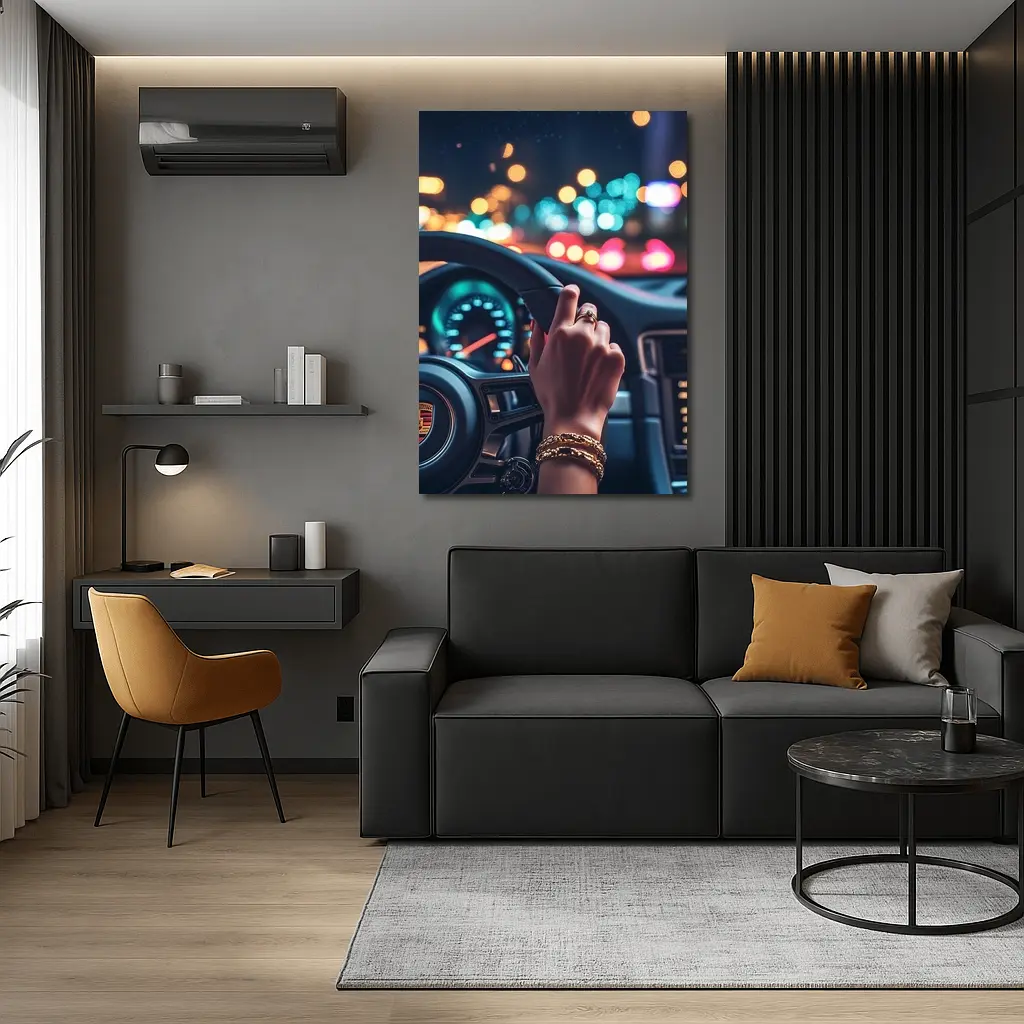 Woman Driving Porsche At Night City – Wall Art