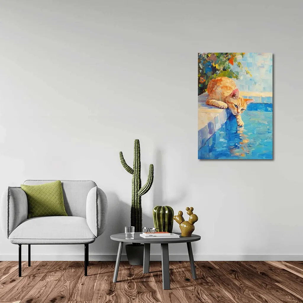 Orange Cat By Pool Oil Painting – Wall Art