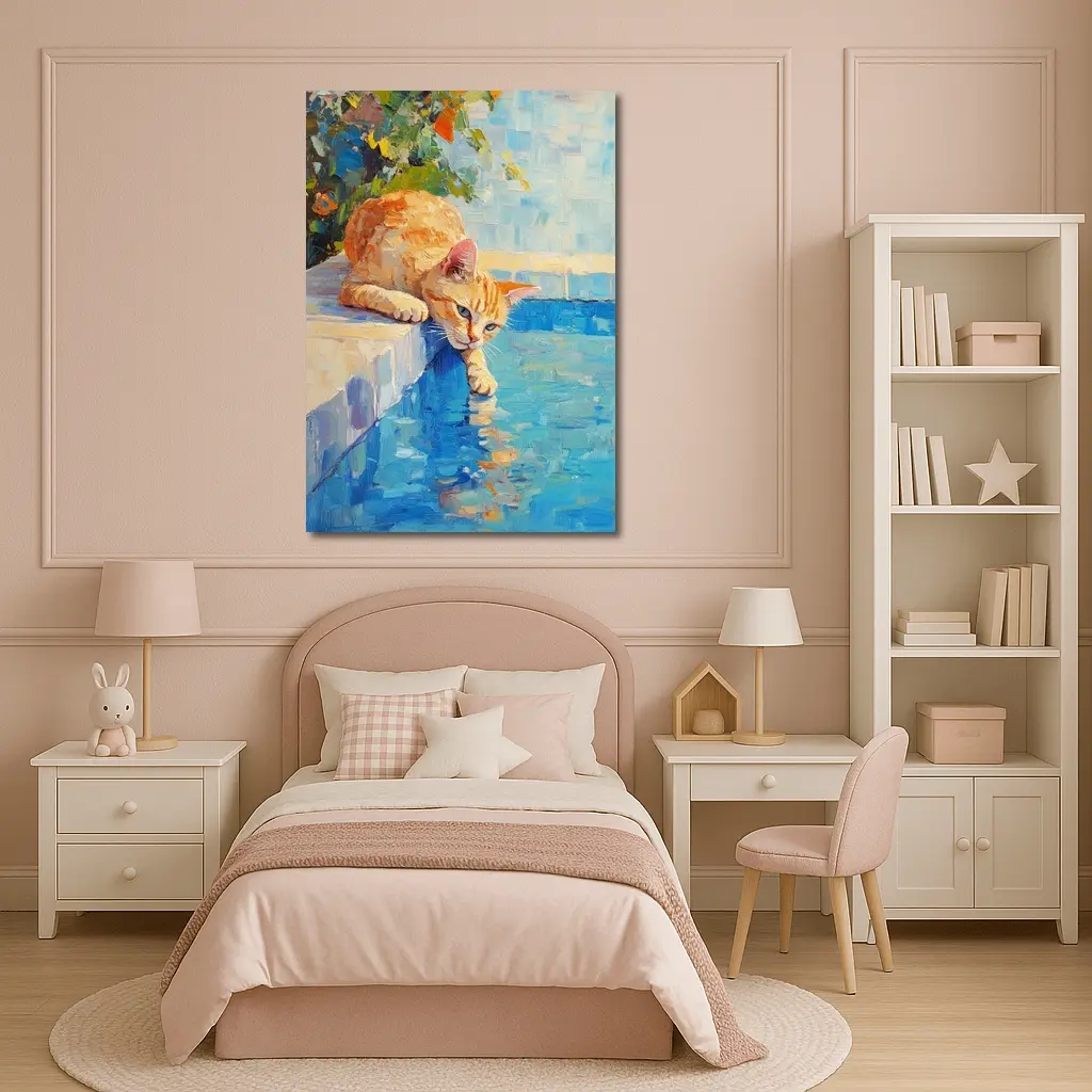 Orange Cat By Pool Oil Painting – Wall Art