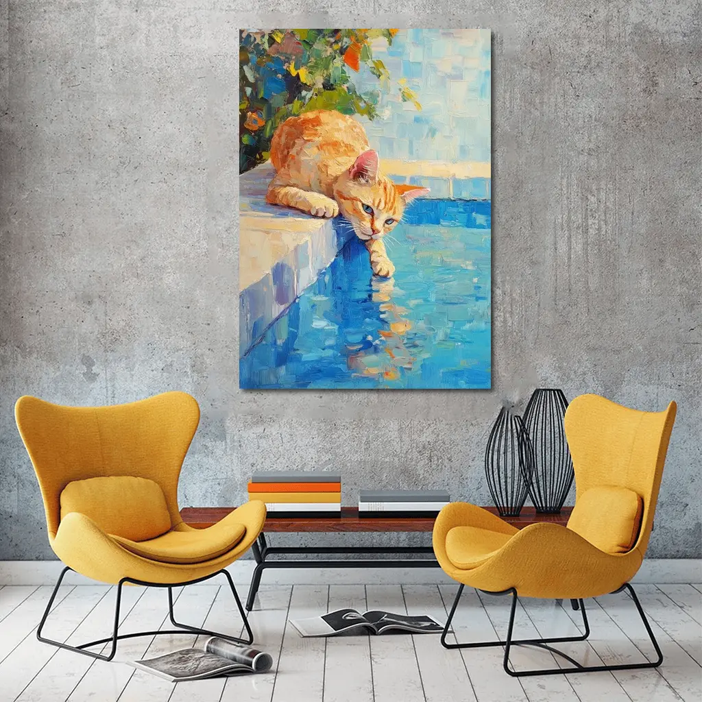 Orange Cat By Pool Oil Painting – Wall Art