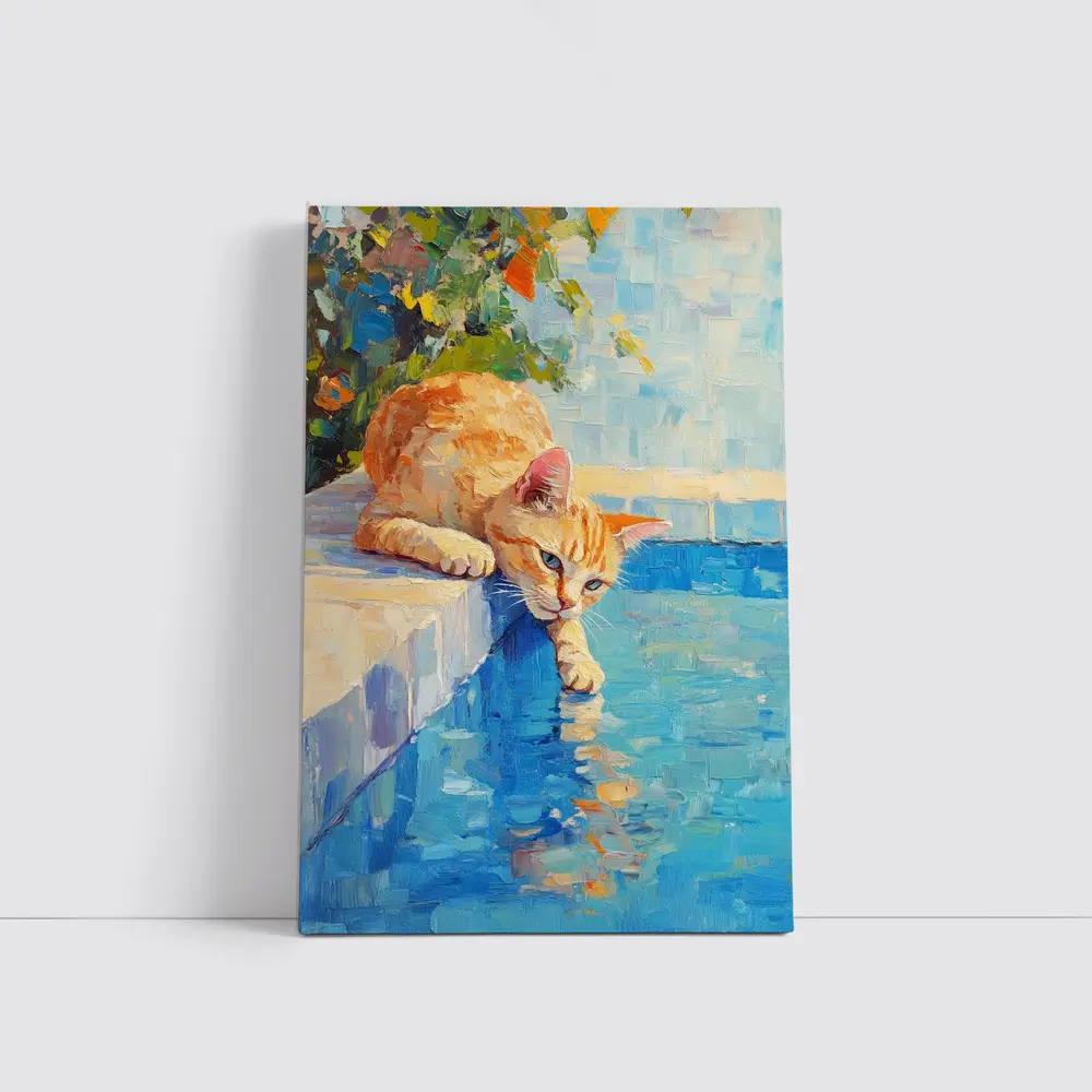 Orange Cat By Pool Oil Painting – Wall Art