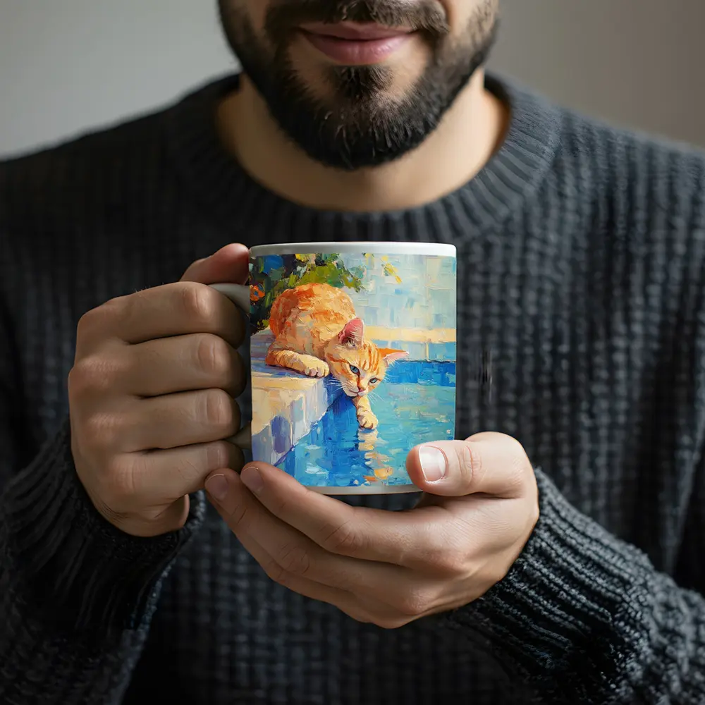 Orange Cat By Pool Oil Painting – Mugs