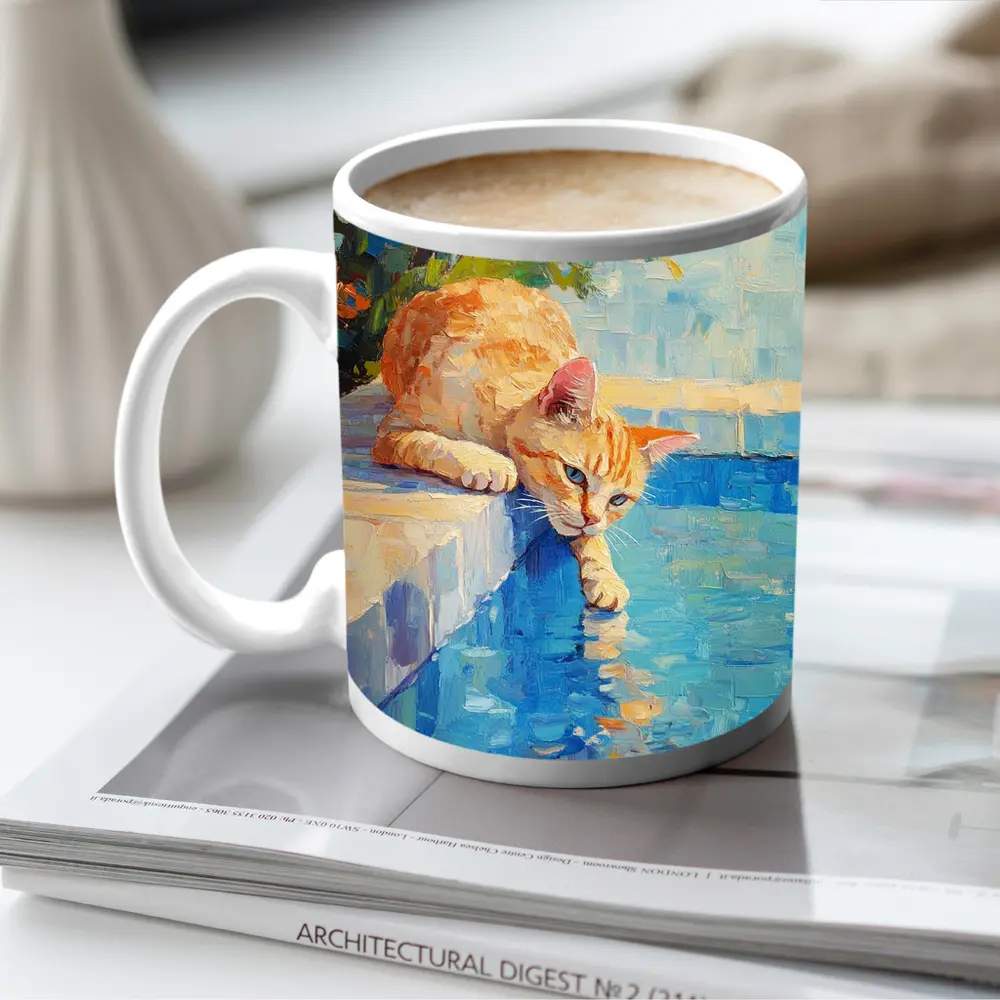 Orange Cat By Pool Oil Painting – Mugs