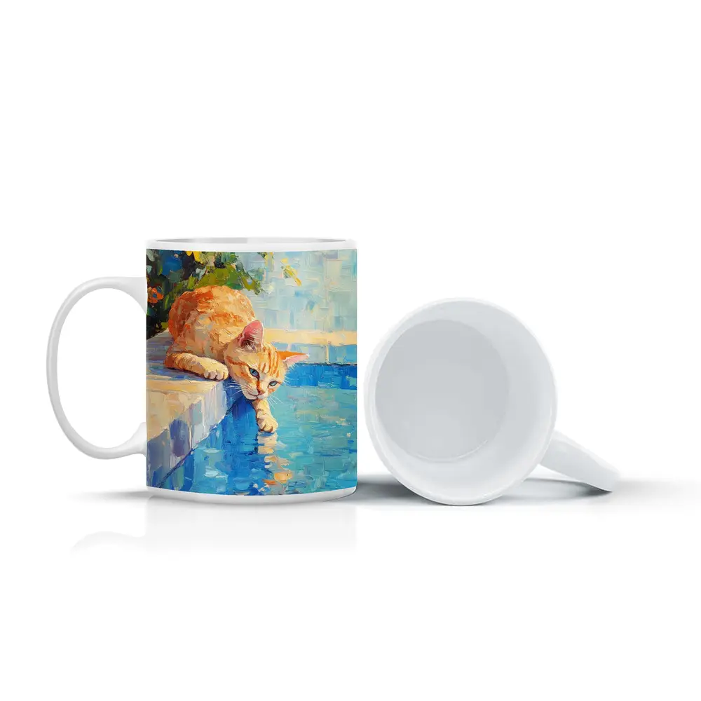 Orange Cat By Pool Oil Painting – Mugs