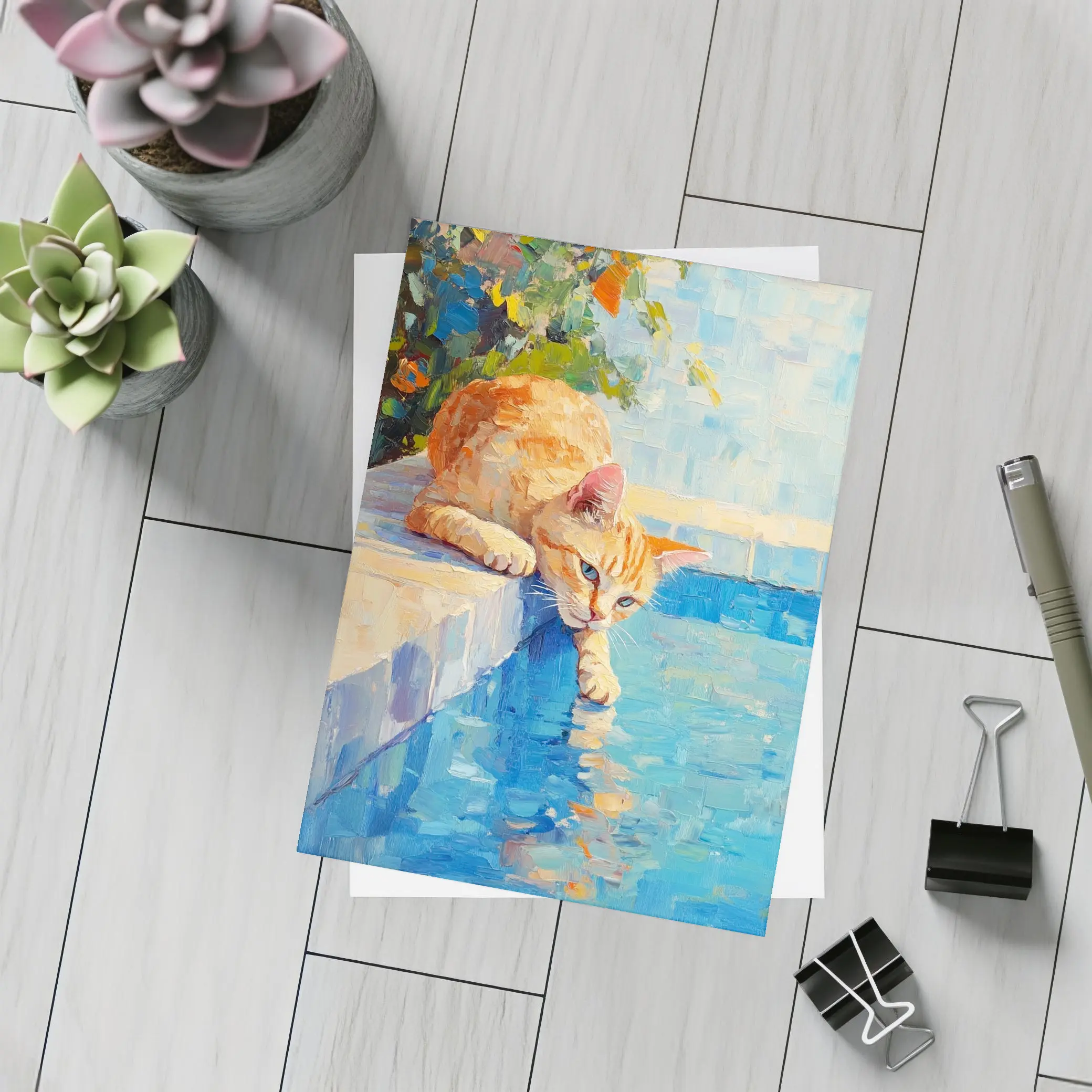 Orange Cat By Pool Oil Painting – Postcards