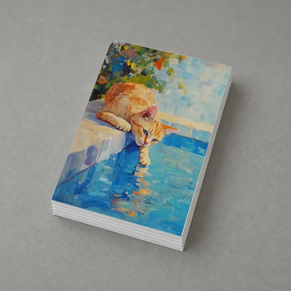 Orange Cat By Pool Oil Painting – Postcards